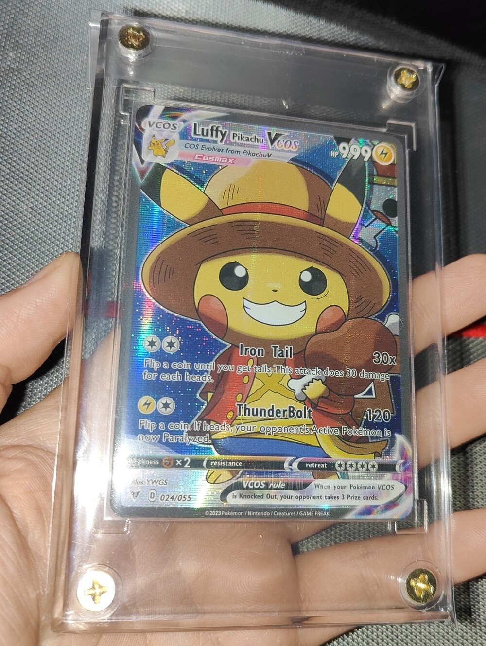 Monkey D. Luffy VCOS One Piece Pikachu Cosplay holo encased card Unofficial Poke